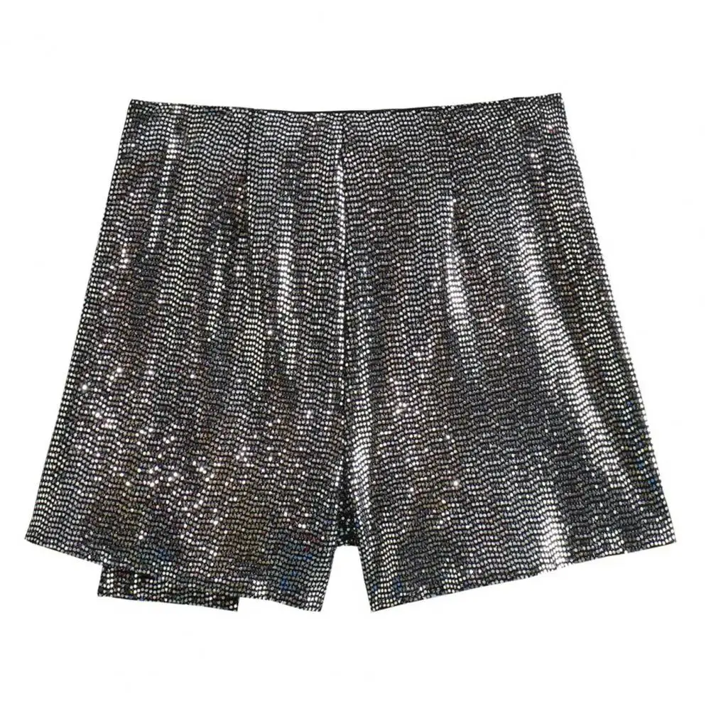 Women Shorts Skirt Shiny Sequin Solid Color Irregular High Waist A-line Mini Skirts Party Performance Beach Mini Culottes