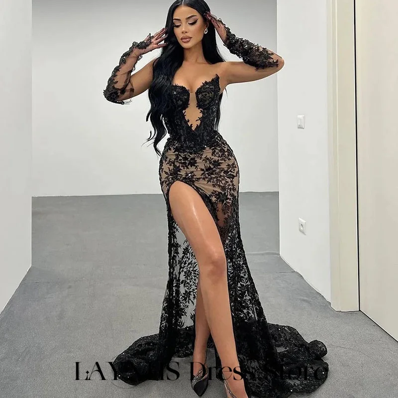 LAYXHS فساتين سهرة رسمية مثيرة من الدانتيل الأسود على شكل قلب بدون حمالات حورية البحر بفتحة جانبية فساتين لحضور الحفلات الموسيقية مخصصة من Fساتين Sheer