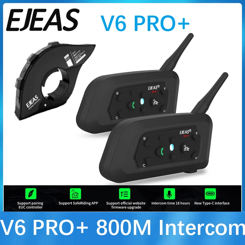 EJEAS V6 PRO +/PLUS Kask motocyklowy Zestaw słuchawkowy z interkomem Bluetooth z komunikatorem domofonowym BT 800M dla 6 zawodników Wodoodporny