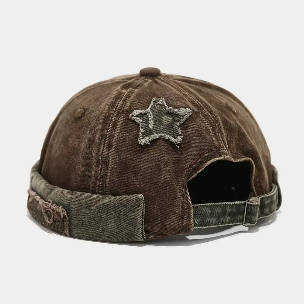 Trendy Adjustable Washed Landlord Cap Solid Color Cotton Brimless Melon Hat Star Splicing Letter Docker Beanie Vintage