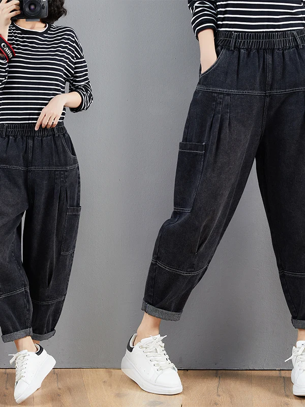 

Корейские женские джинсовые комбинезоны больших размеров, осень-зима, новые свободные отбеленные брюки с высокой талией для похудения, повседневные брюки Харлан