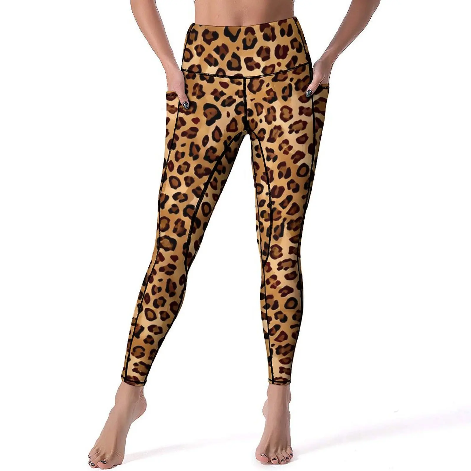 Pantalones de Yoga con estampado de leopardo y bolsillos, mallas marrones con animales, mallas deportivas elegantes de cintura alta, mallas elásticas para Fitness