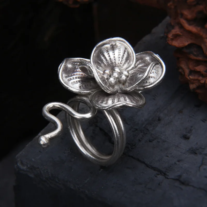 S925 Sterling Silver Thai Handmade Silver Flower Ring with Retro Exaggerated Design and Adjustable Open Index Finger Ring