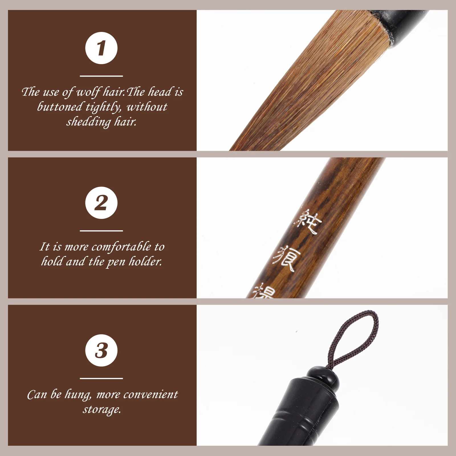 

3Pcs Pure Wolf Hair Chinese Calligraphy Brush Round Smooth Handle Traditional Calligraphy Accessory Ideal for Beginners Chinese