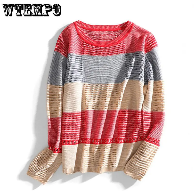 Hollow Knit Sweater Women\'s Top Colorblock Loose Striped Long Sleeve Bottoming Short Section Spring Autumn Drop Shipping