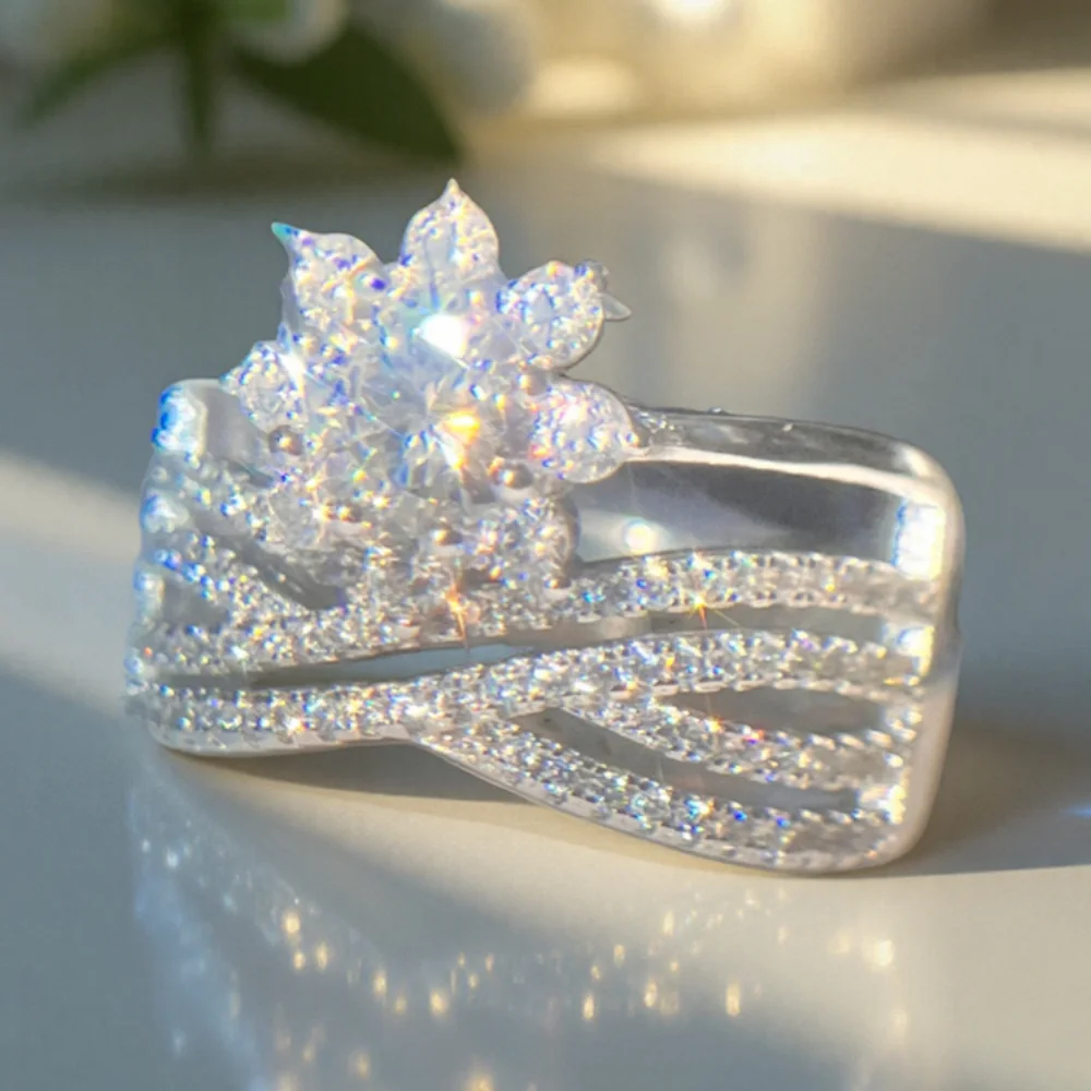 1 Pc Luxury Shiny Flower Cubic Zirconia Cross Ladies Ring Bohemian Ring Ladies Wedding Party Banquet Cocktail Ring High Jewelry Accessories Ladies Daily Ring Good and Cheap Gift for The Girl