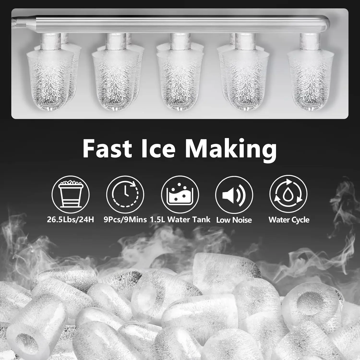 Compact Countertop Ice Maker, 9 Thick Cubes Ready in 6-9 Mins, Produces 26.5 Lbs Ice in 24Hrs, Includes Ice Scoop and Basket - E