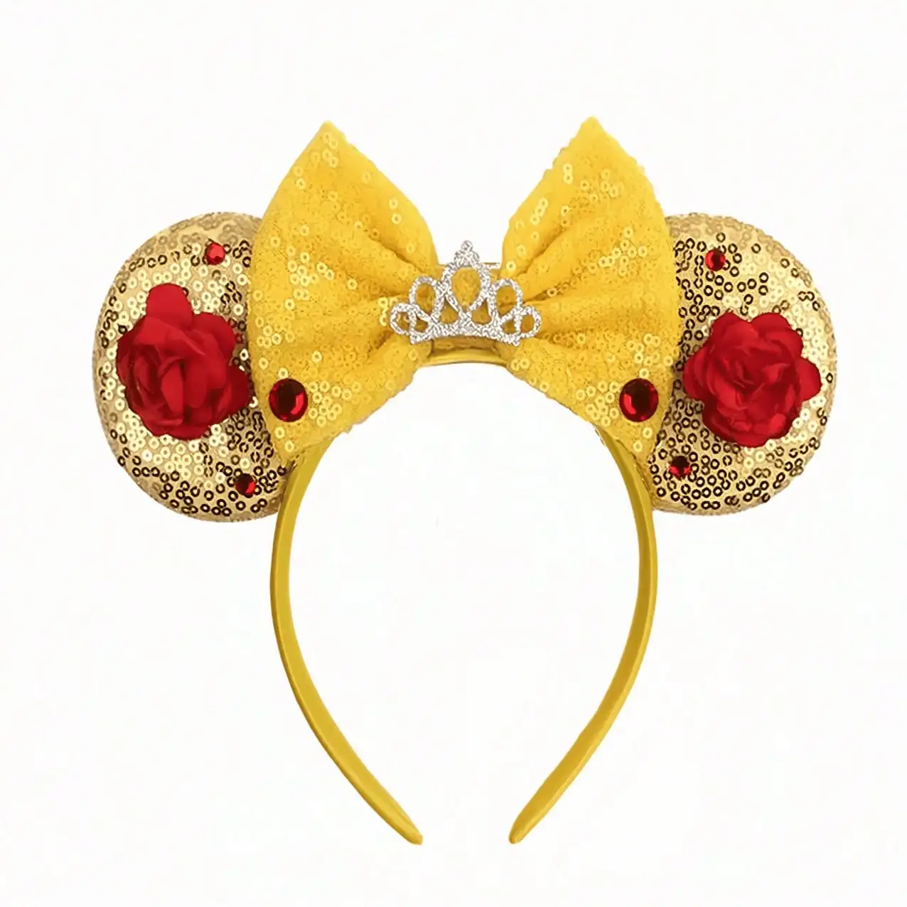 

Gold Sequin Headband with Red Rose & Crown Bow, Festive Hair Accessory for Parties and Events