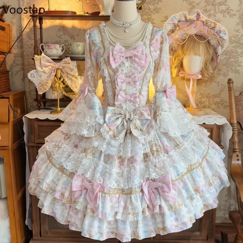IMU Victorian Vintage Lolita OP Dress Women Elegant Floral Print Lace Ruffles Long Sleeve Flower Wedding Dress Princess Party Dr