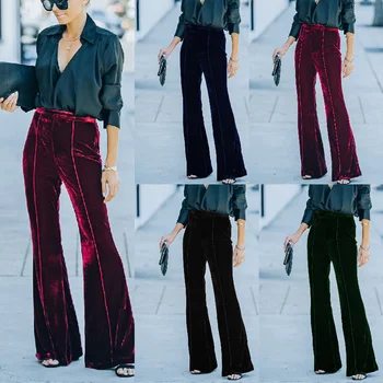 Women's Velvet High Waist Flared Pants Wide Leg Trousers with Side Stripe Decor Elegant Casual Office Party Bottoms