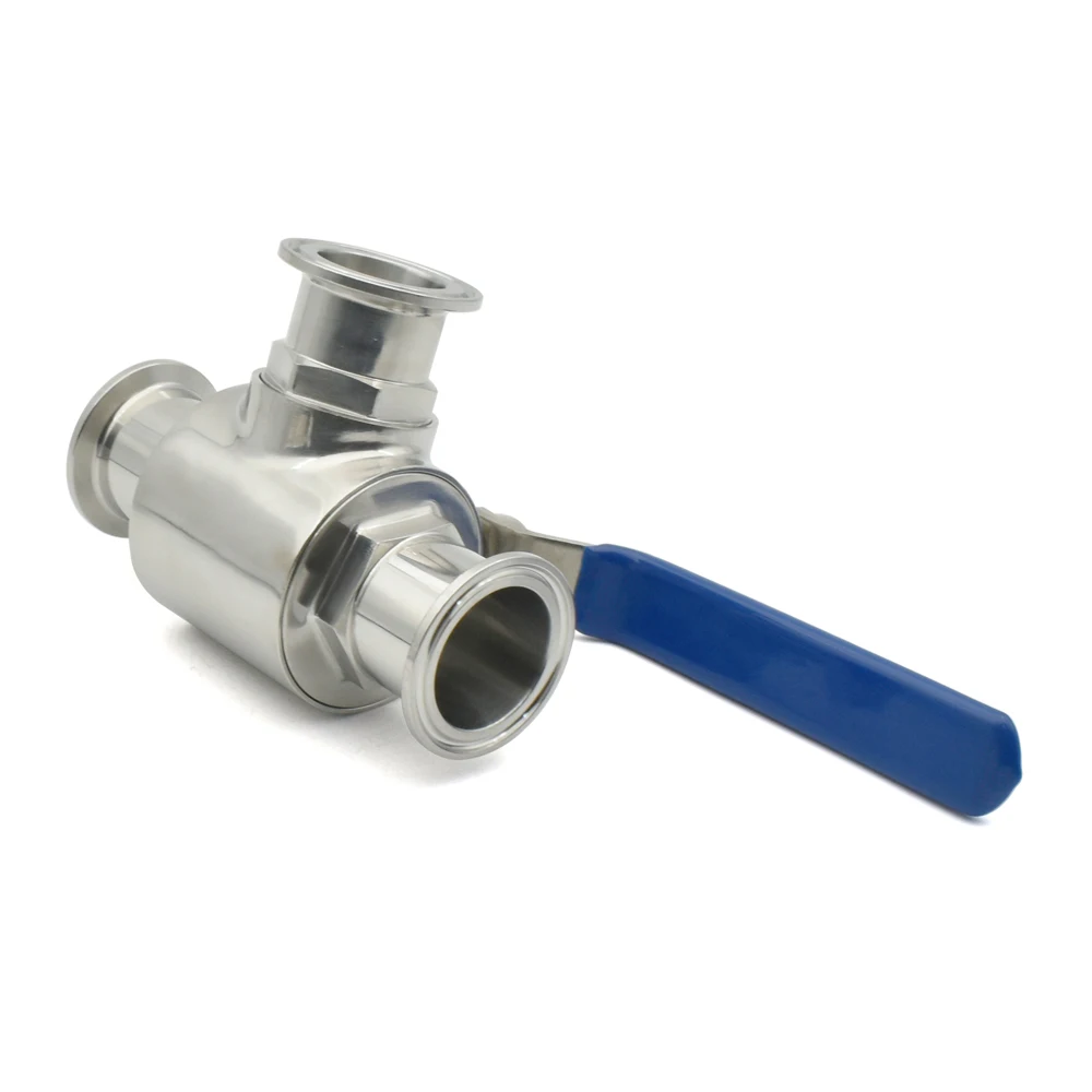 19/25/32/38/45/51mm SS304/316L Stainless Steel Sanitary Grade T-shaped Three-way Ball Valve, T/L Port Ring Type OD50.5/64mm