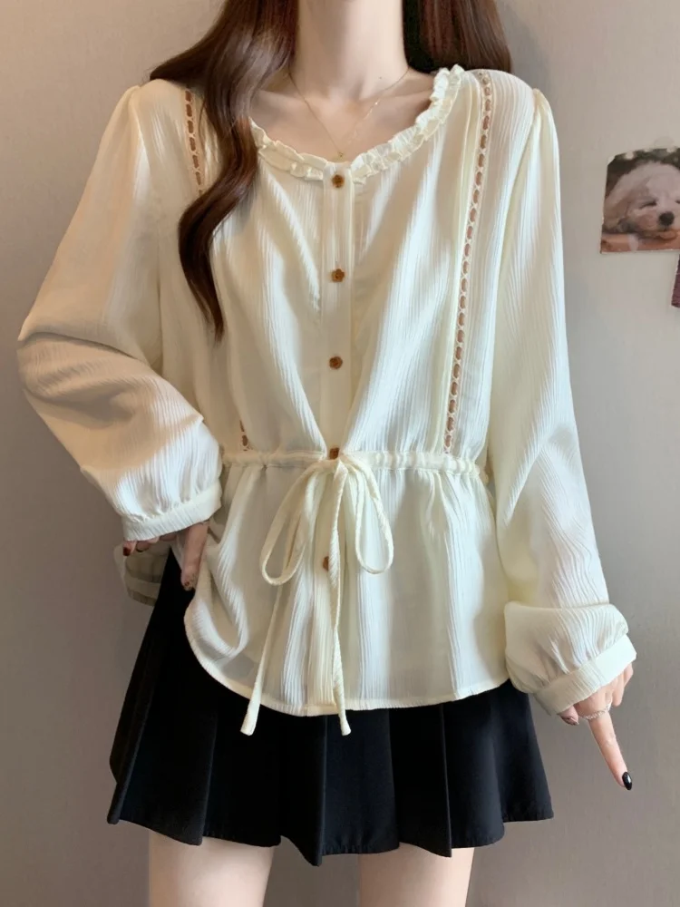 

plus Size Women's Long Sve irt round Ne Design Spring Autumn Belted Waist Tie Front French Sle Loose Fit A-Line Skirt