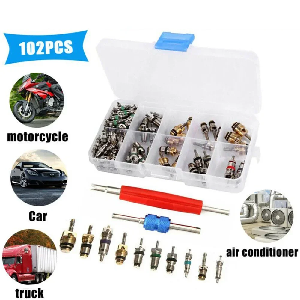 

102pcs R134a Car A/C Air Conditioning Valve Cores Tool Kit Fit For 1/4" 5/16" Service Ports To Remove And Install The Valve Core