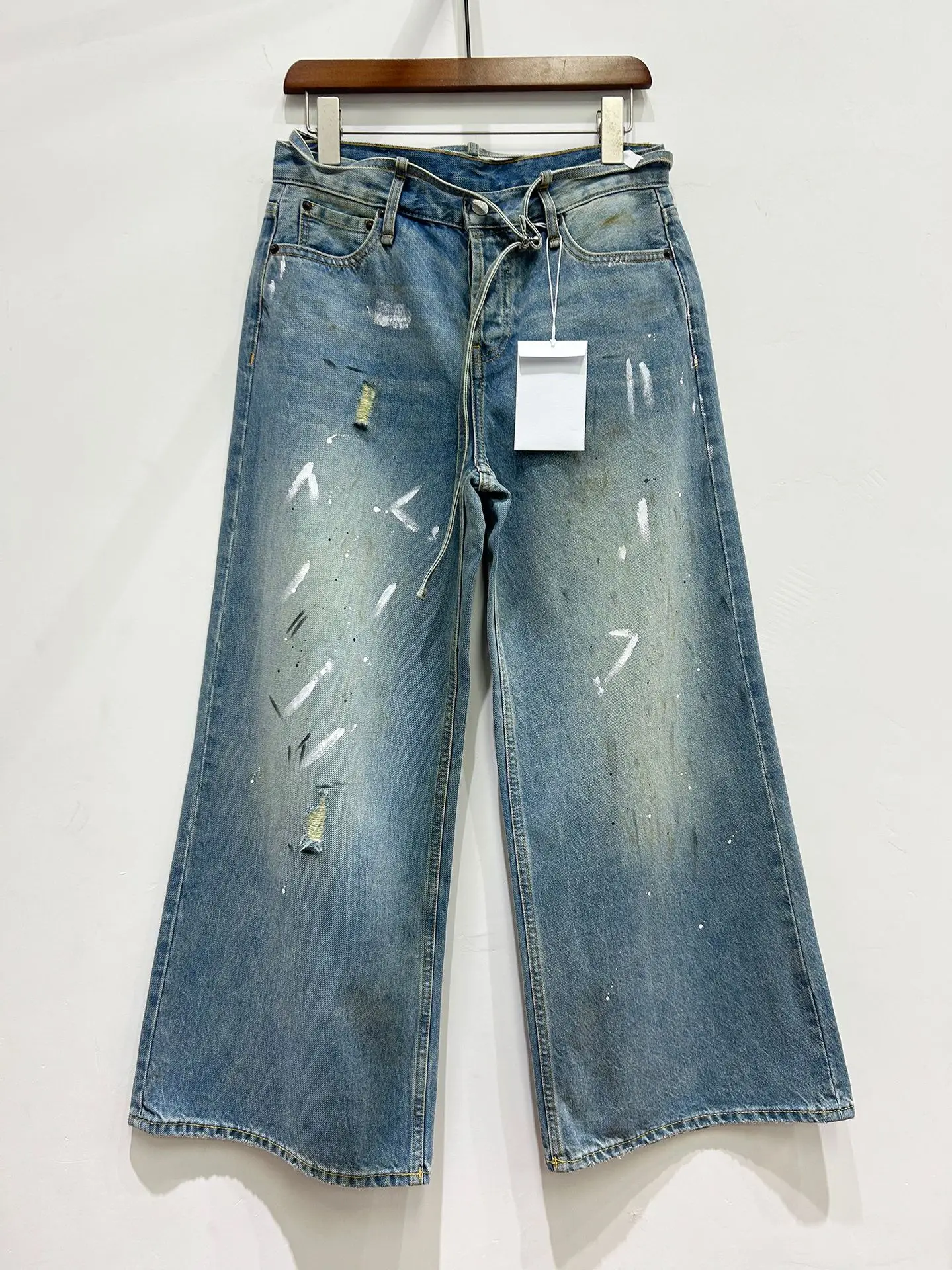 

Women Mid waist splashed ink tied jeans Fashionable personalized denim pants