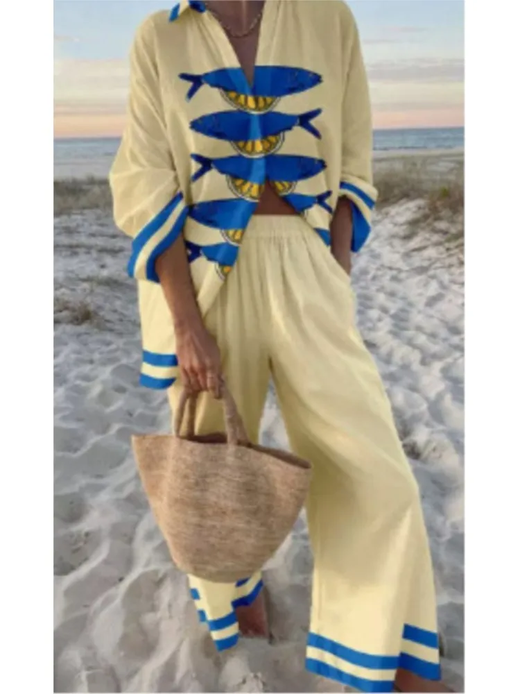 

Women Print Lapel Shirt 2-Piece Set 2025 New Summer Vacation Style Cruise Lace Up Wide Leg Pants Female Casual Beach Holiday Set