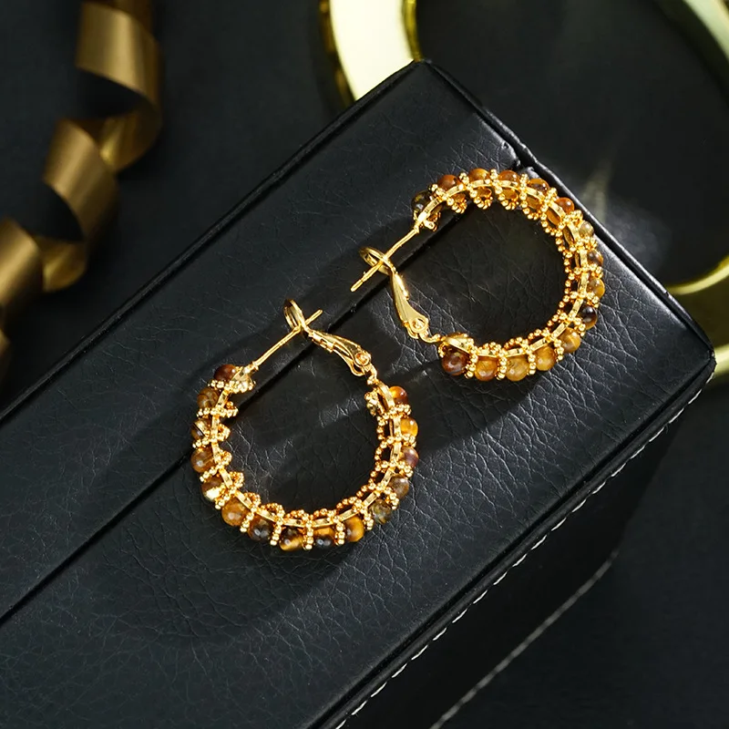 German color tiger eye stone inlaid earrings, niche, high-end, simple and versatile earrings