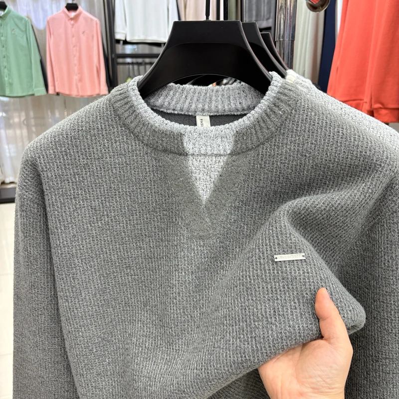 men's autumn winter high quality fleece-lined knit long sleeves pullover round neck keep warm sweater leisure trend men clothing