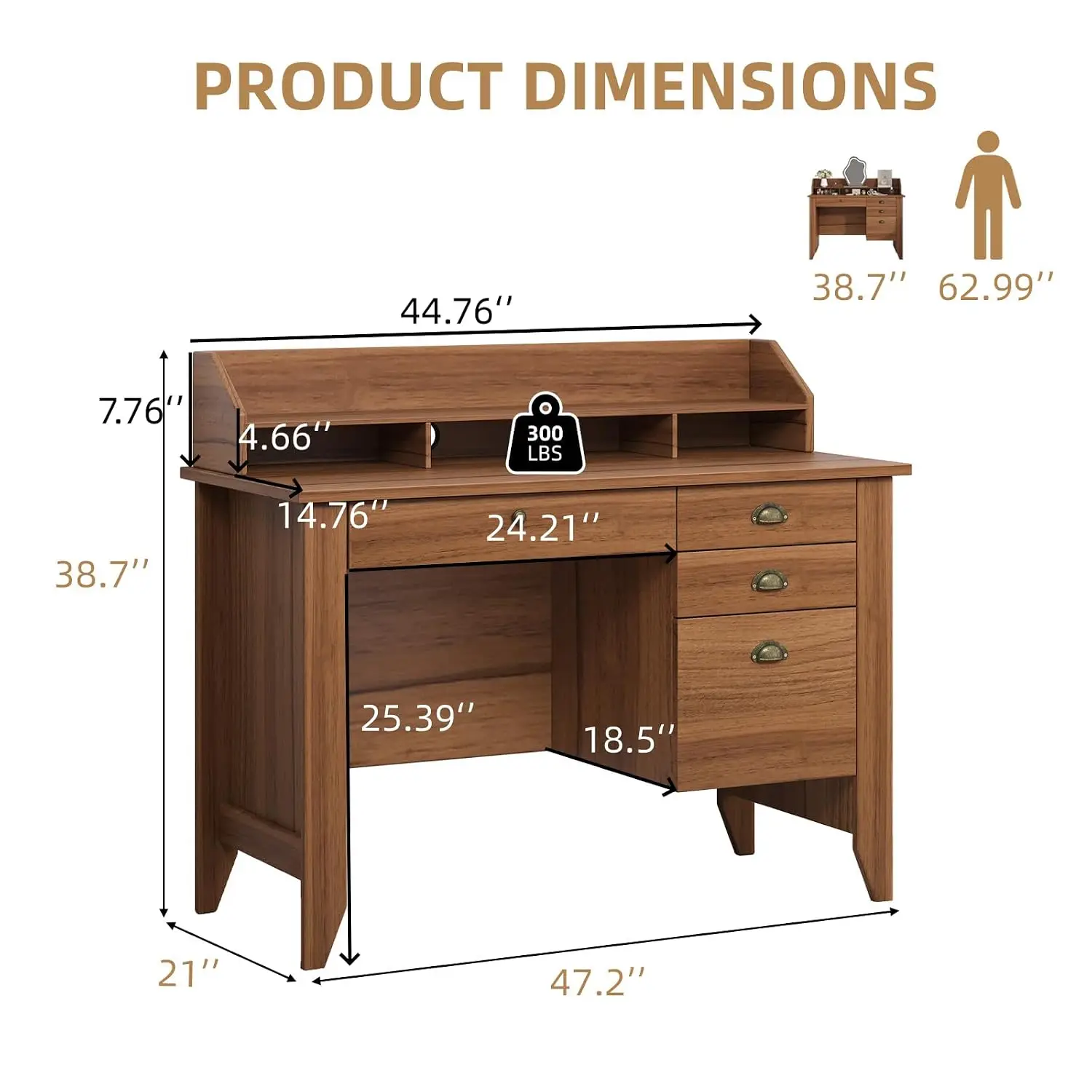 Small Desk with Monitor Stand & File Drawer, Computer Desk with Storage for Bedroom & Living Room, 47 Inch, Walnut, Customized
