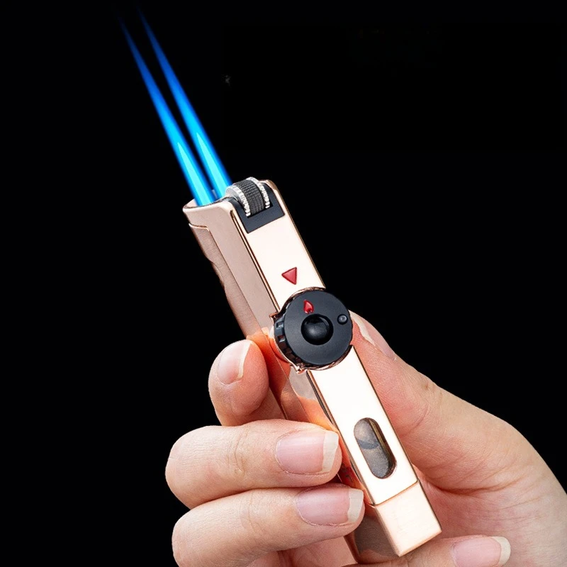 JOBON Outdoor Windproof Double Jet Blue Flame Butane Gas Torch Lighter Visible Gas Window Cigar Diamond Cigar Lighters Smoking
