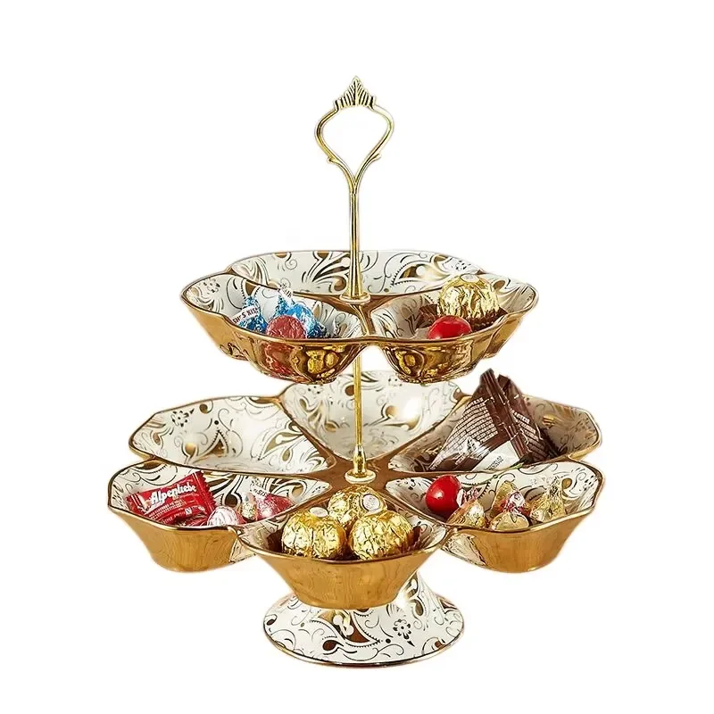 Ceramic Gold Cake Plate 2 Layer Ceramic Plate Set Dessert Plate with Stand
