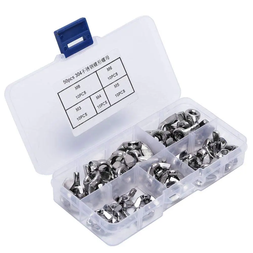 50Pcs M3/M4/M5/M6/M8 Wing Nuts, Stainless Steel Wing Nut Butterfly Nuts Kits for Fastener