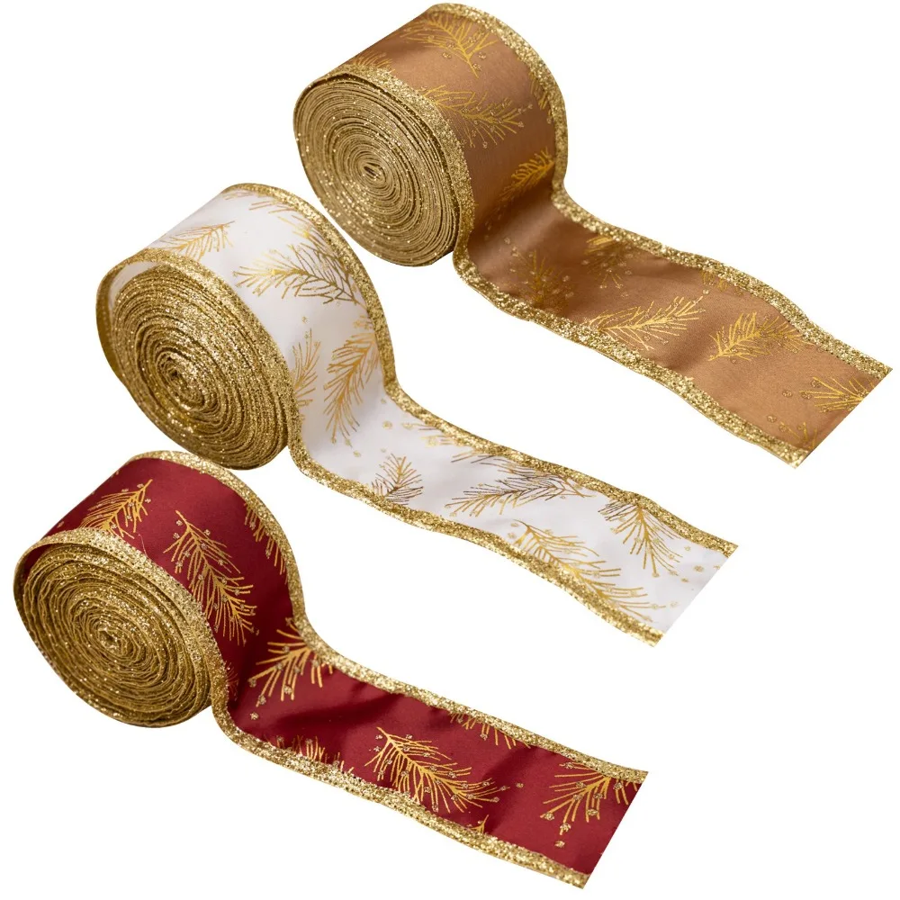 

5M Leaves Pattern Christmas Gift Bow Ribbon Lightweight Christmas Tree Ribbon Gold Trim Wired Ribbon Wedding Party