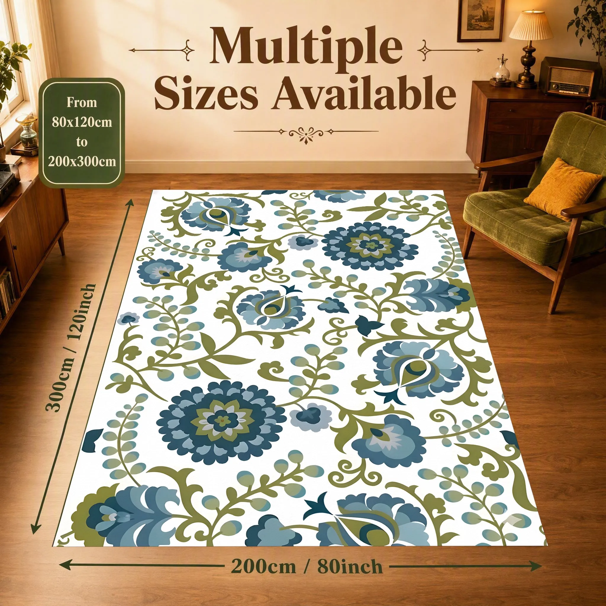 Retro Blue-Green Intertwined Floral Rug Soft Velvet Area Carpet Living Room Bedroom Home Decor