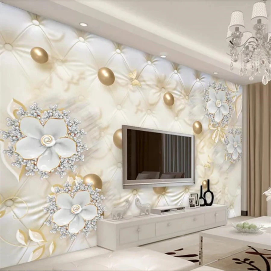 Custom wallpaper 3d murals luxury white flowers soft package ball jewelry TV background wall papers home decor papel de parede