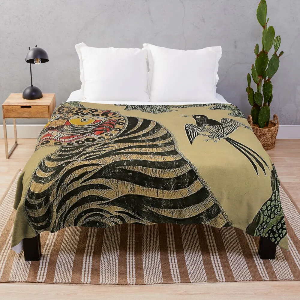 

Striped Vintage Minhwa Tiger and Magpie Throw Blanket bed plaid Luxury Designer Blanket Moving Blanket