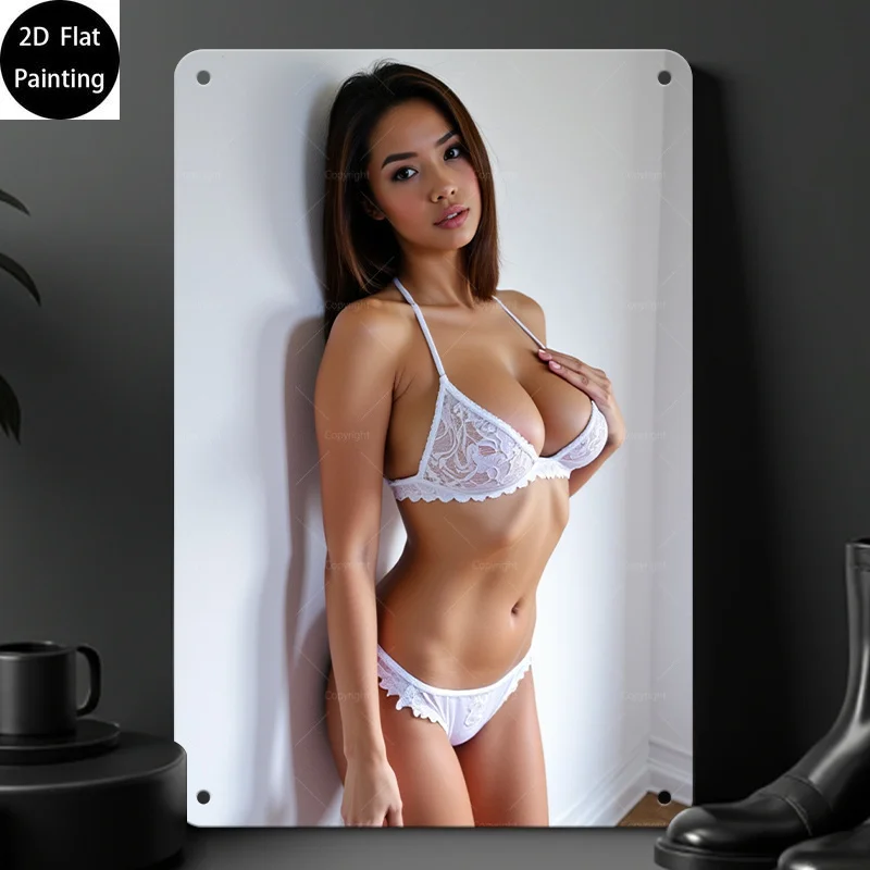 Asian Woman White Lace Lingerie Metal Tin Sign Vintage Wall Decor For Bedroom Bar Man Cave