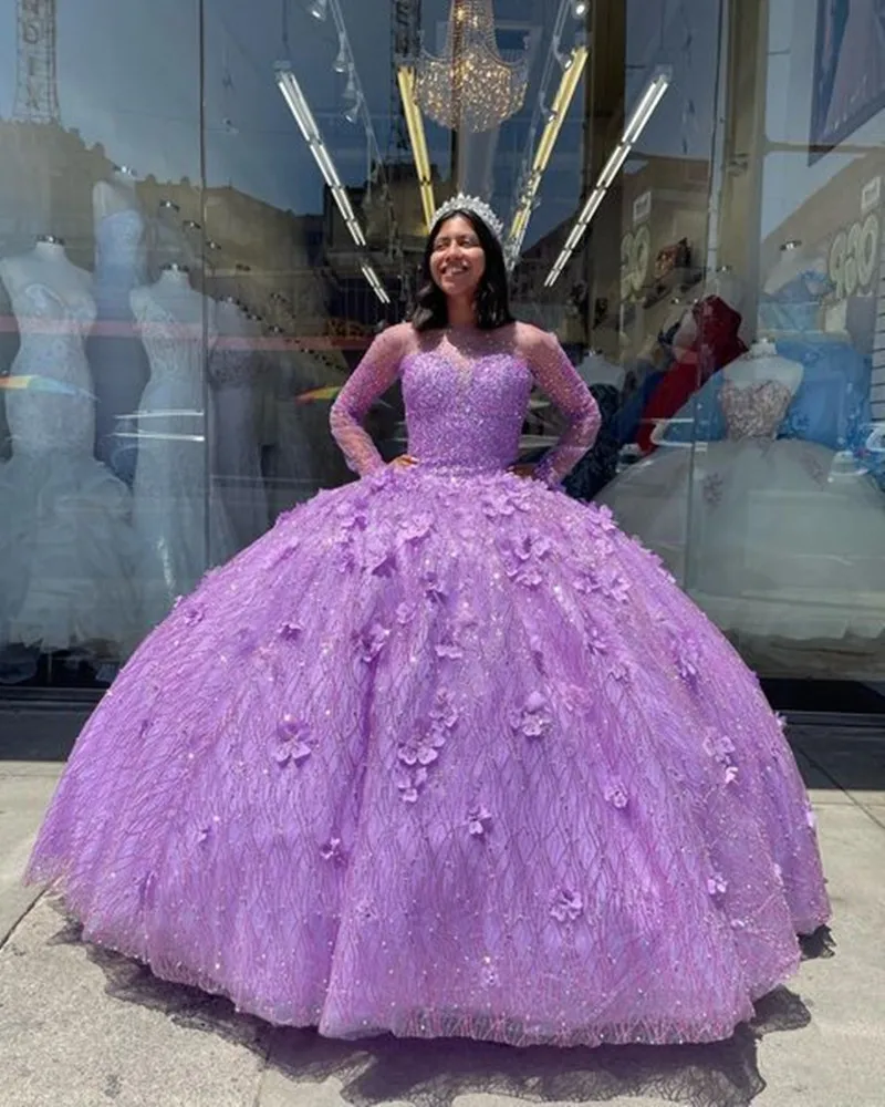 Vestidos de Quinceañera de princesa lavanda Lila, ilusión de manga larga, 3D, Floral, con cuentas, con cordones, corsé, Top, graduación, años xv