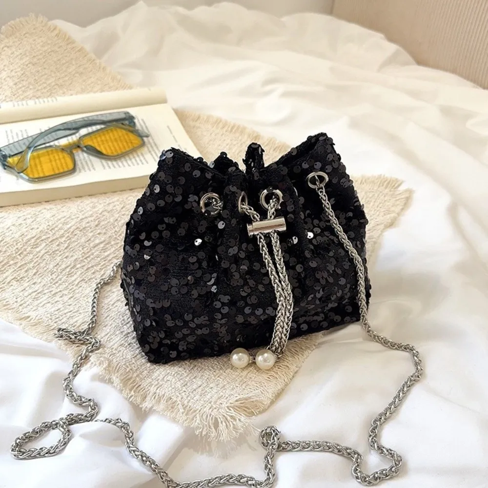 Trendy Sparkly Sequin Bucket Bag Chain Crossbody Drawstring Evening Bag Soft Pearl Pendant Shoulder Bag Daily