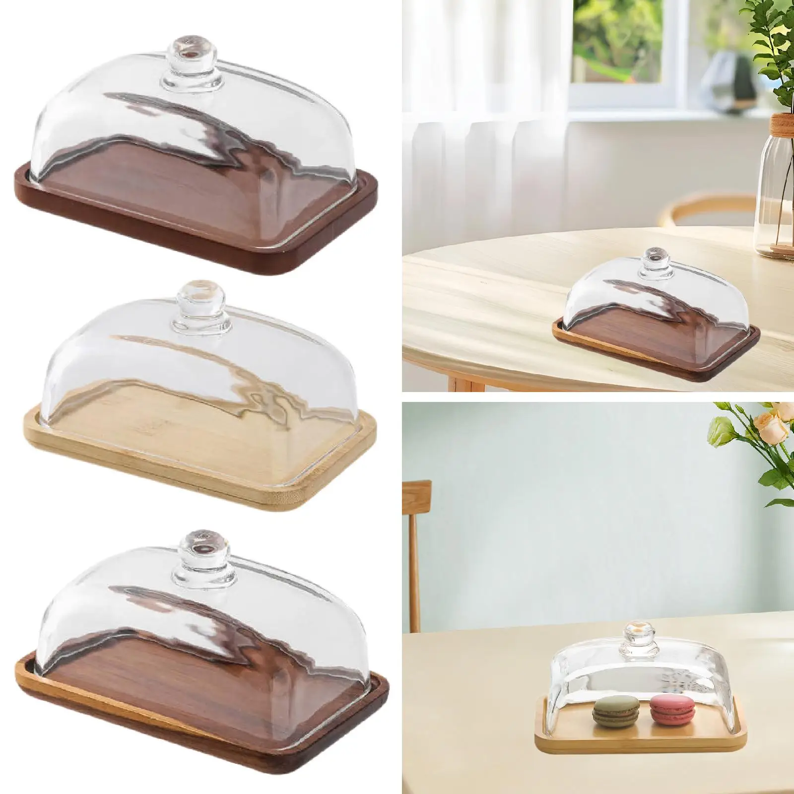 Bamboo Glass Rectangular Cake Plate with Dome Cake Stand for Birthday Wedding Appetizer Dessert Tableware