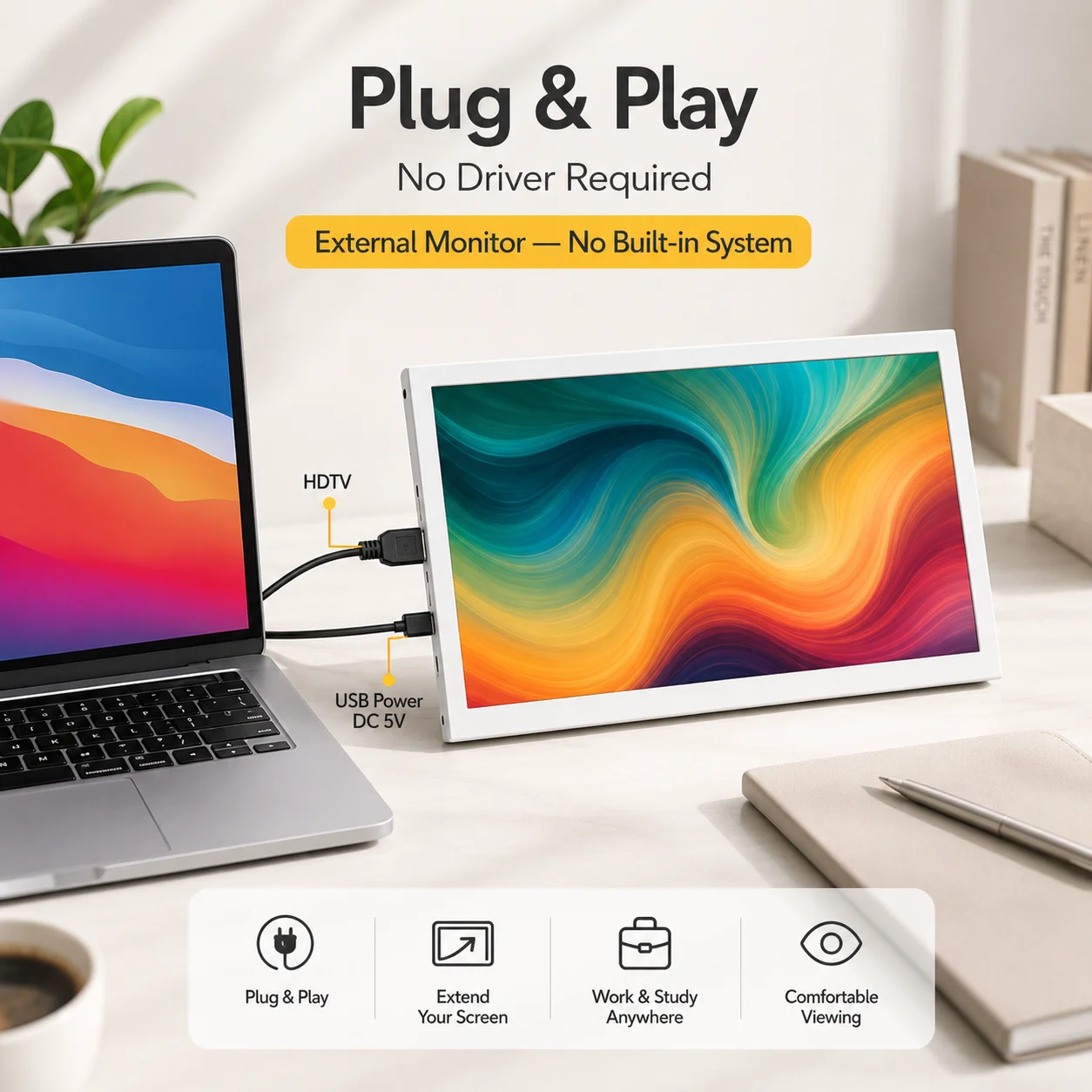 LESOWN 10.1 Inch White Aluminium LCD Panel Driverless 1024x600 16:9 HDTV No‑Driver‑Needed for RPi PC Secondary Screen