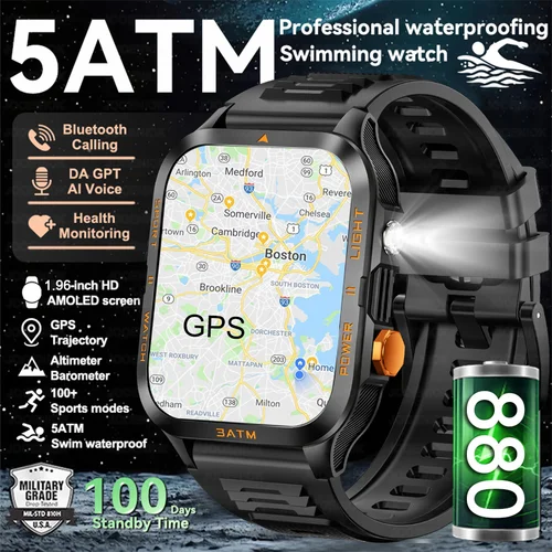 Imagen 1 del producto Reloj inteligente para exteriores para hombre, GPS, deportivo, batería de 800mAh, Bluetooth, llamada, salud, pantalla de 1,96 pulgadas, linterna, reloj inteligente resistente al agua 3ATM