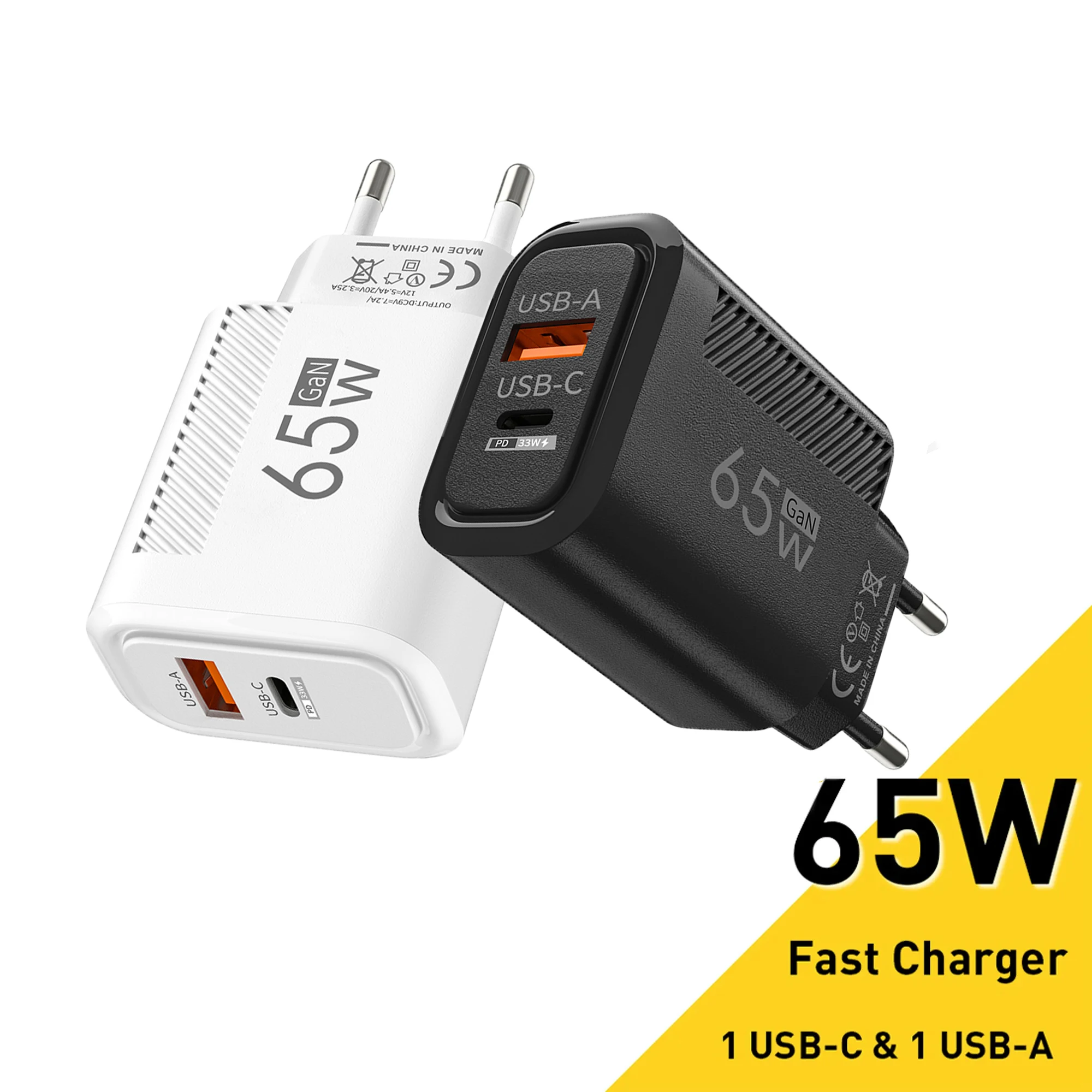 GAN 2 Ports Charger 65W USB Type C PD Quick Charge 3.0 Mobile Phone Wall Adapter for iPhone 15 Pro max Huawei Xiaomi EU/US Plug