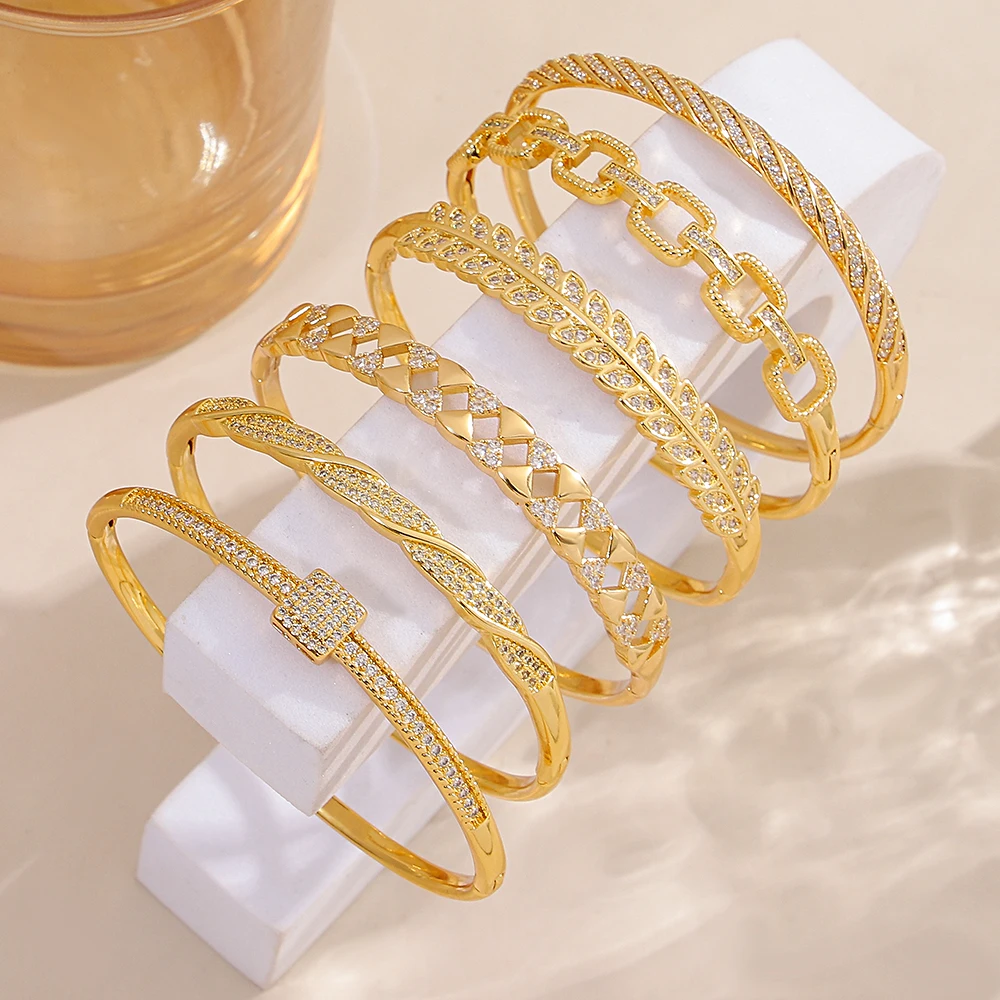 

Freetry 7 Styles Classic Sparkling Zircon Golden Plated Bangle for Women Minimalist Stackable Basic Spring Bracelet Hand Jewelry