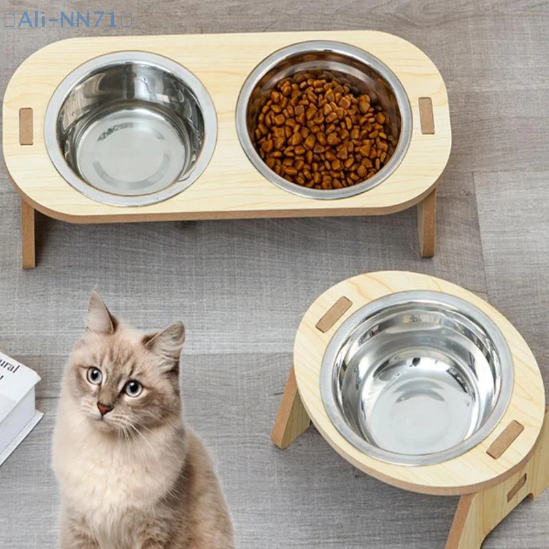 【NN71】cuencos de alimentación para perros y gatos 2 en 1, cuencos antipunta, cuencos de acero inoxidable para mascotas con soportes de madera, diseño de protección del cuello