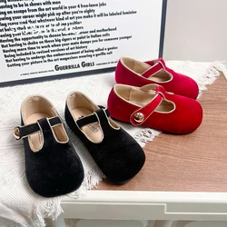 Luxury Deep Red Velvet T-Bar Ballet Flats For Kids Girls Retro Velour Mary Jane Shoes Baby Child Vintage Soft Sole Dress Zapatos