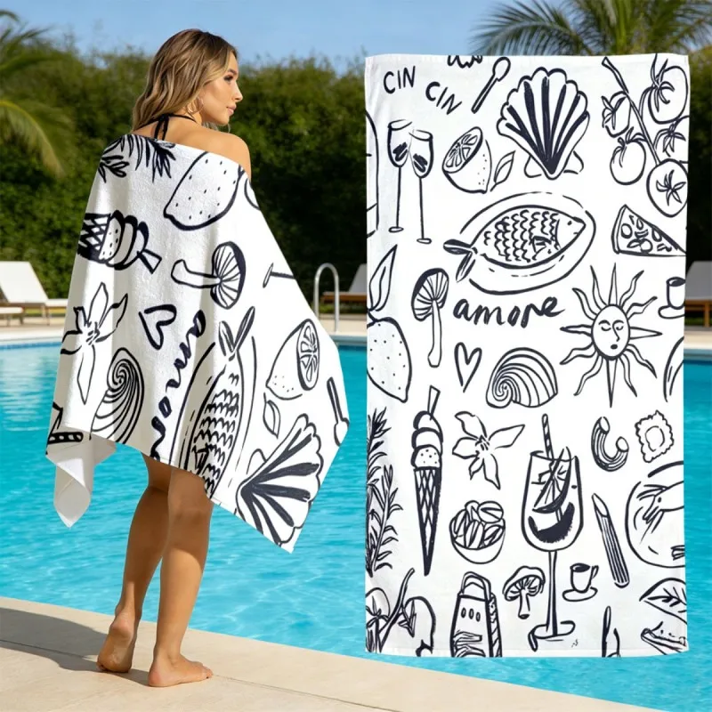 Italian Doodle Sketch Style Black Line Food Wine Sun Shell Amore Cin Cin Print Quick Dry Holiday Beach Towel