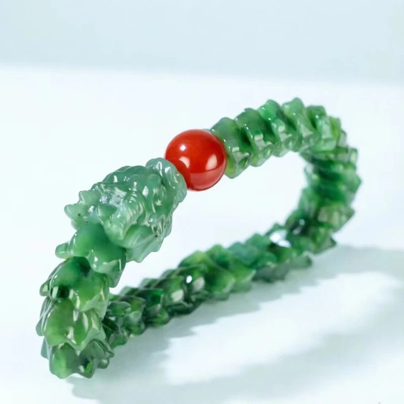 Natural Hotan Jasper Green Jade Beautifully Carved Dragon Bone Jade Bracelet Fashionable Amulet Gift for Men and Women Couples