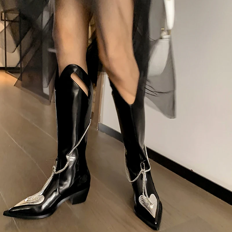 Metal Love Pointed Western Cowboy Boots Square Heel Heel Heightened and Thin Knight Boots Sexy Leather Women's Boots