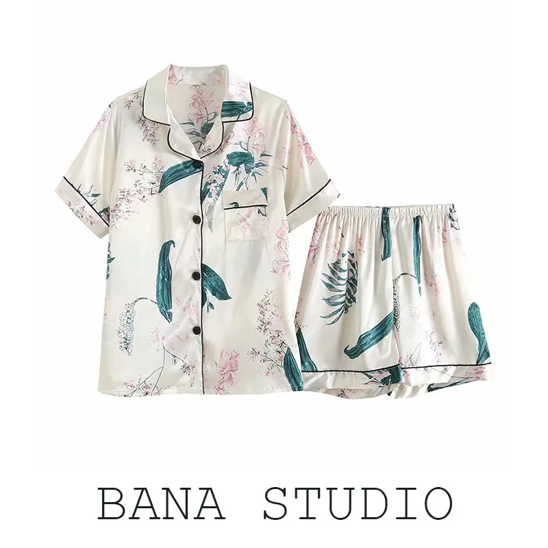 

BANA Summer Sleepwear Set V-Neck Short Sleeve Loose Acetate Satin Print Pants Shirt Home Clothes Women's Lightweight Printed ...