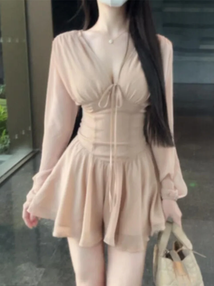 

XZY Sexy V-neck Belted Dress Women Plump Pure Desire Spring Summer Short Skirt Casual Style A-line Polyester Fiber Long Sleeve