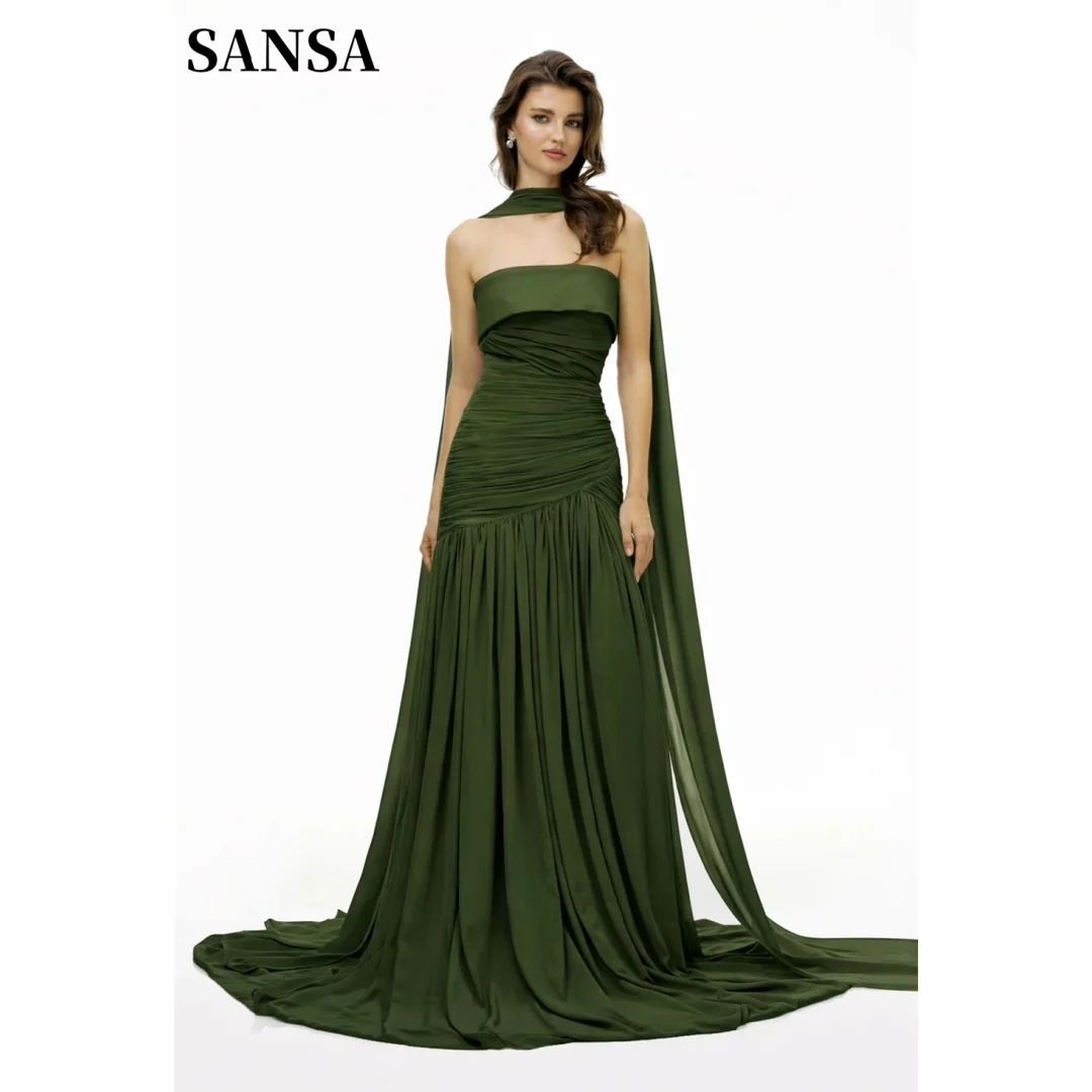 Sansa Customized Strapless Prom Dresses Multilayer Pleats Vestidos De Noche Sheath Waist Cinching Floor Length Formal Evening