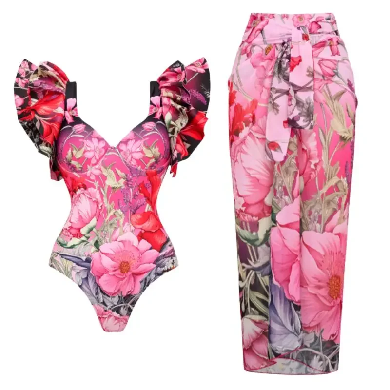 Ruffled Blooming Flowers Print One Piece Swimsuit and Sarong Swimwear Women Vacation Beachwear  Clearance Wholesale