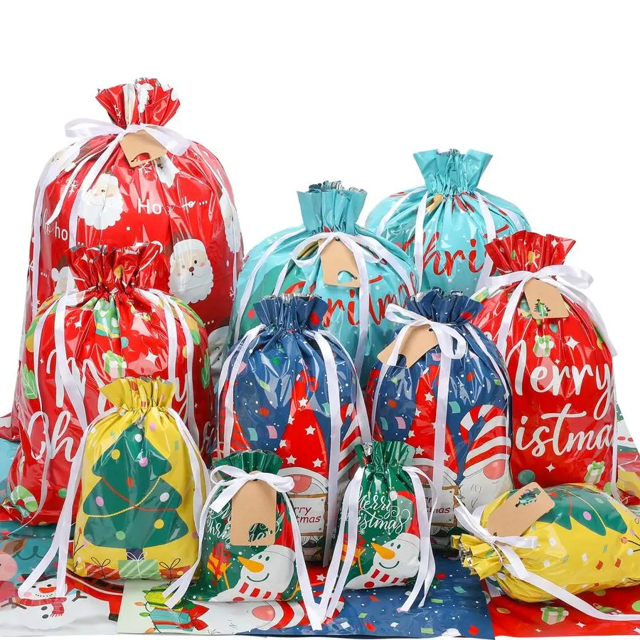 

30 Pack Drawstring Christmas Gift Bags Assorted Sizes, Reusable Holiday Wrapping Bags for Presents, Plastic Xmas Gift Bag ExtraL