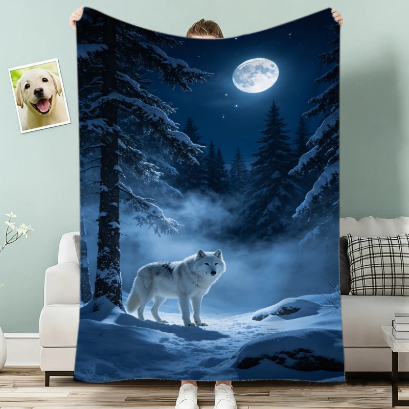 Snowy Night White Wolf Forest Moonlit Flannel Blanket For Mystical Bedroom Decor Soft Warm Throw Blanket Wrap