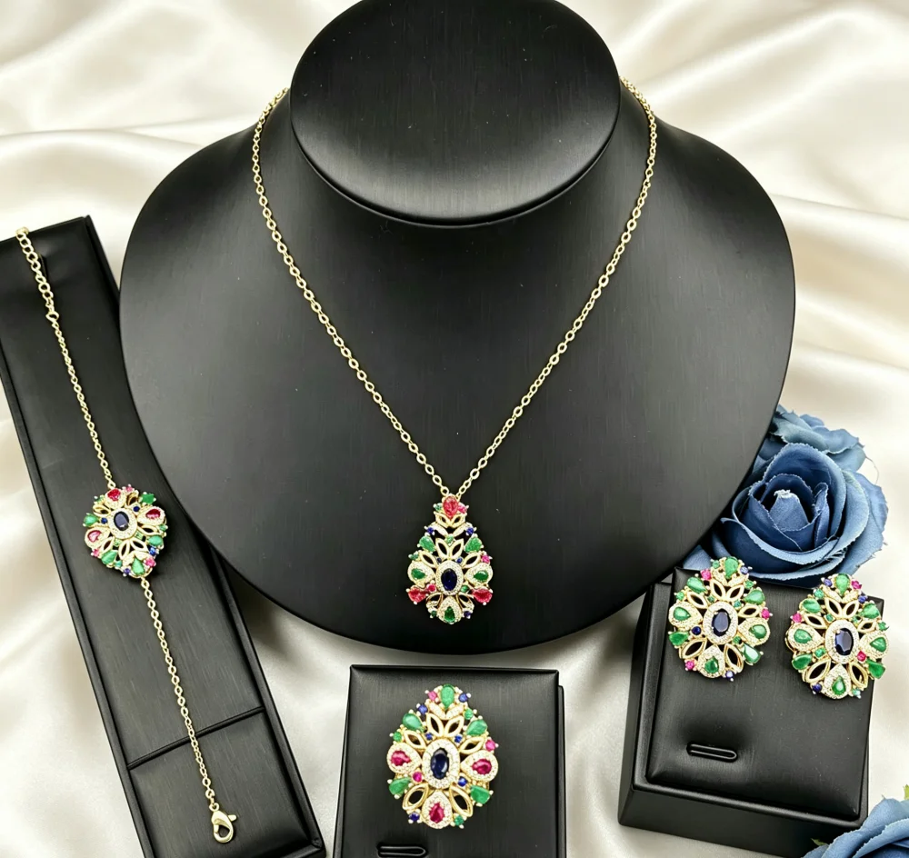 JRH Gold Plated Copper Women's Jewelry Set with Zircon Necklace Earrings Ring Bracelet for Daily Wear Accessory