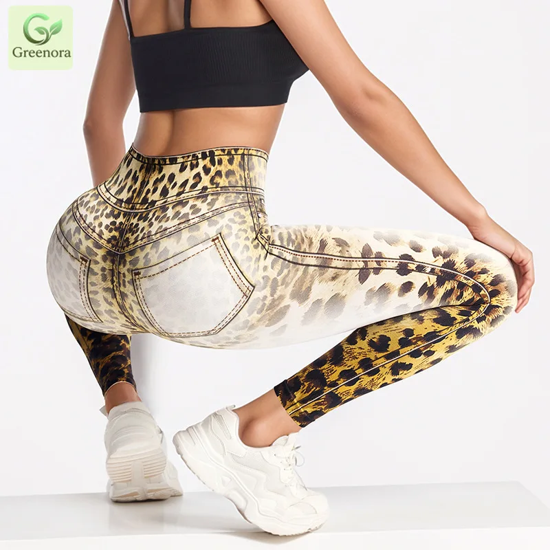 Greenora Leopard Denim Print Leggings Women High Waist Yoga Pants Push Up Gym Tights Fake Jeans Seamless Sportswear Jeggings